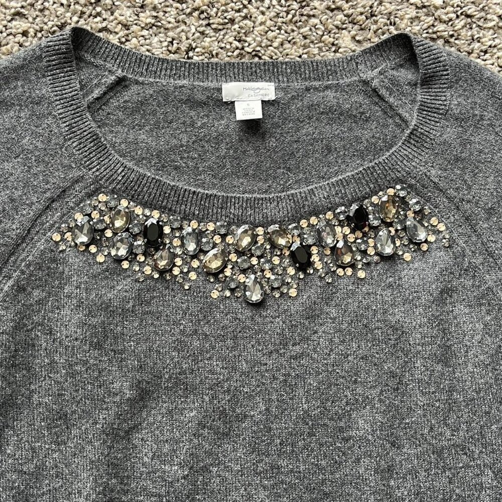 Halogen Cashmere Sweater Womens Small Gray Beaded Jewel Neck Raglan Pullover